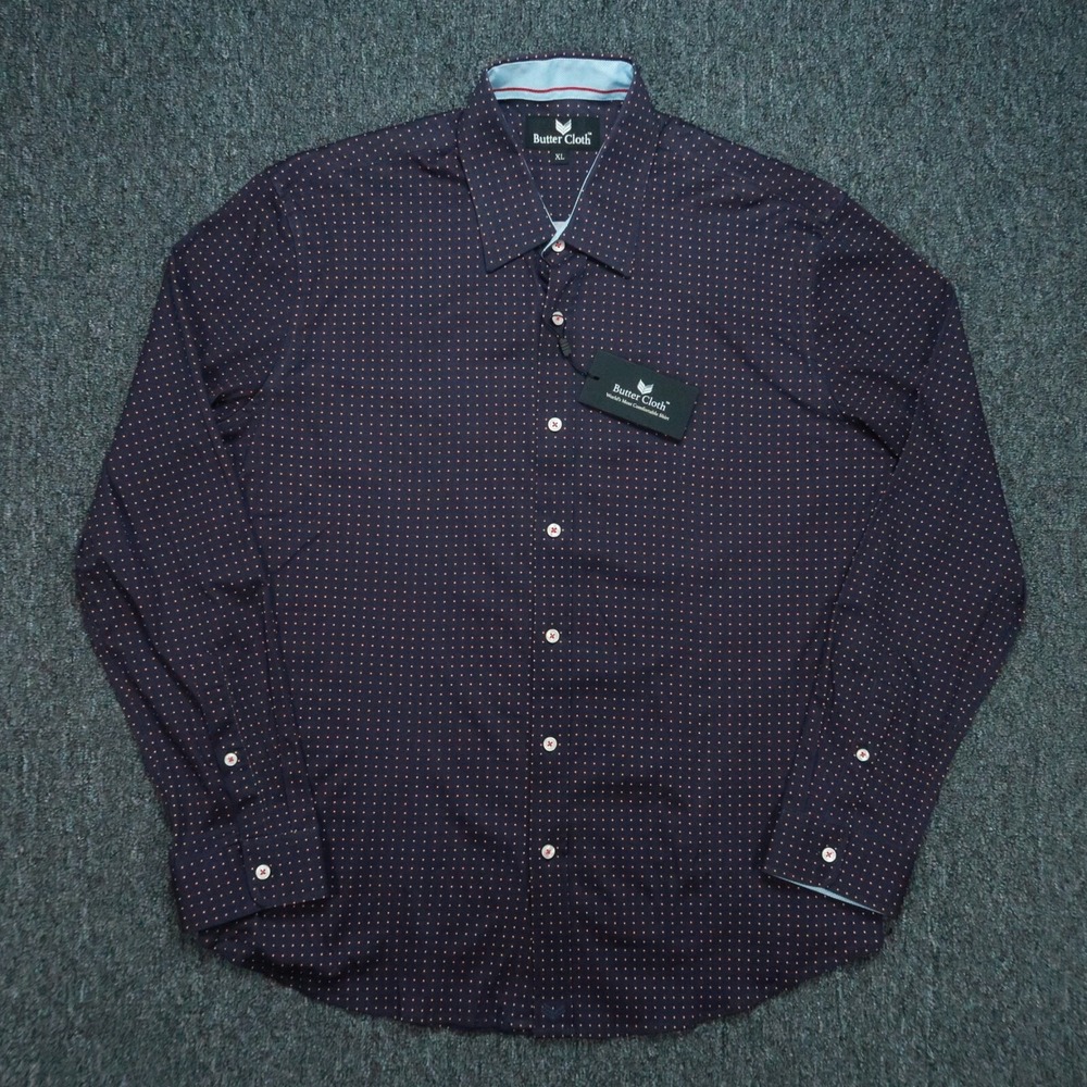 Buttercloth Shirt Men Extra Large Purple Polka Dot Long Sleeve Button Stretch XL